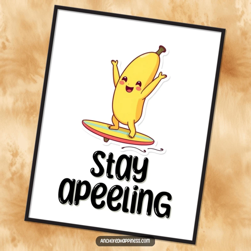 Funny smiling banana doing a handstand on a tiny surfboard, a humorous and vibrant tropical art print.