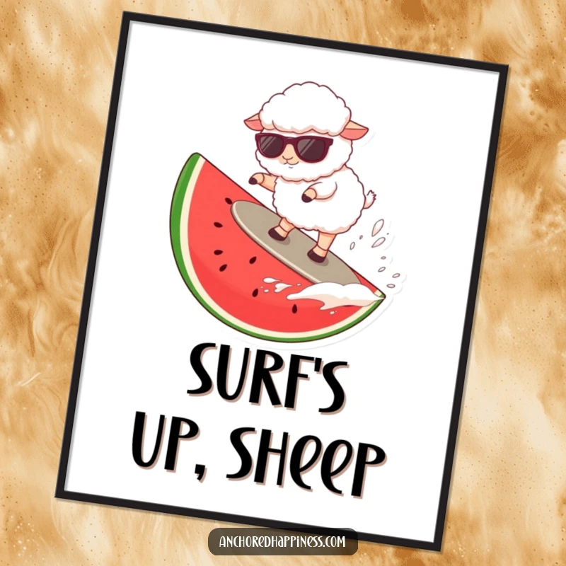 Funny sheep wearing sunglasses surfing a giant watermelon slice, a humorous and vibrant summer art print.