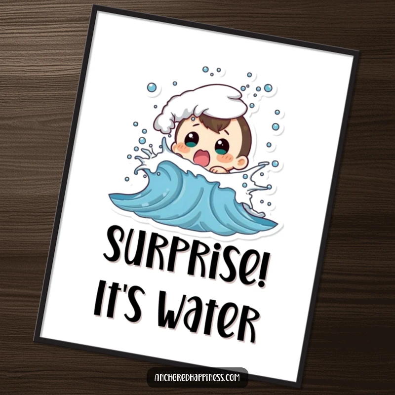 Funny poster art of a character looking shocked as a bubbly wave splashes them, capturing a hilarious beach moment.