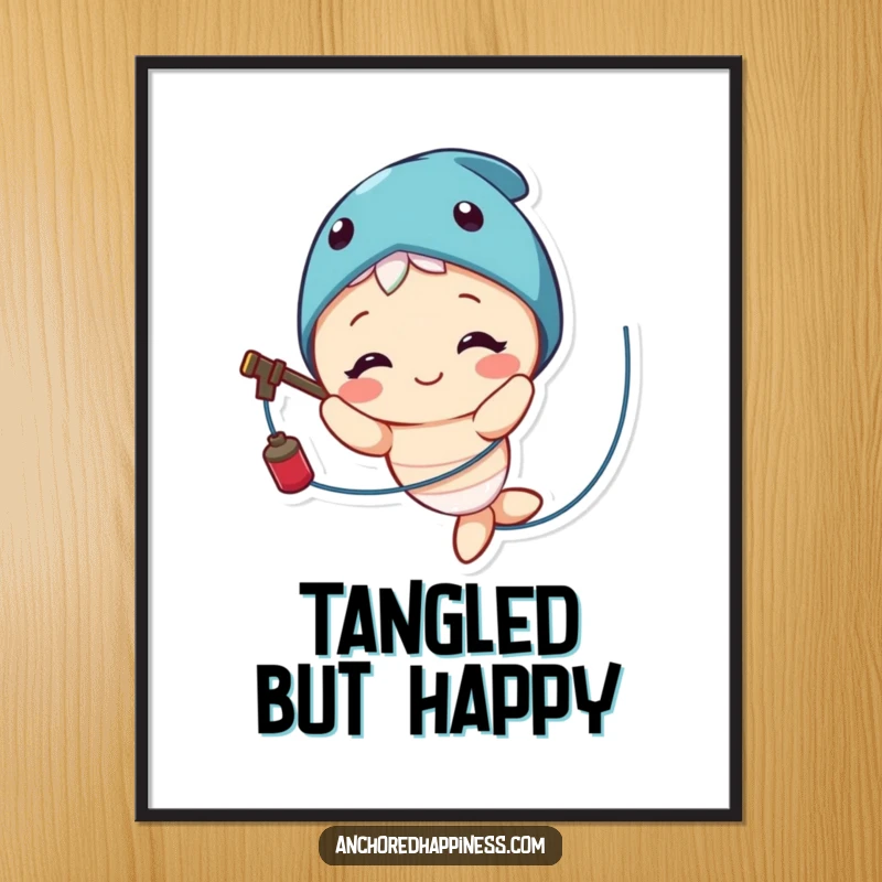 Funny poster art of a cute character smiling broadly while comically ensnared in fishing line, a humorous scene.