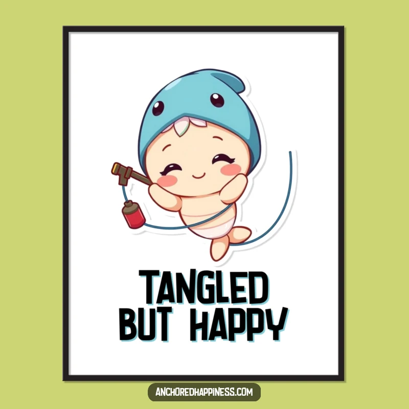 Funny Fishing Line Poster: Cute Character Smiles Through Tangled Humor