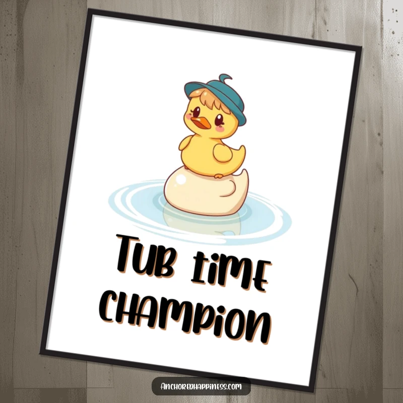 Funny poster illustrating a whimsical character balanced on a rubber ducky in the water, creating a humorous and charming visual.