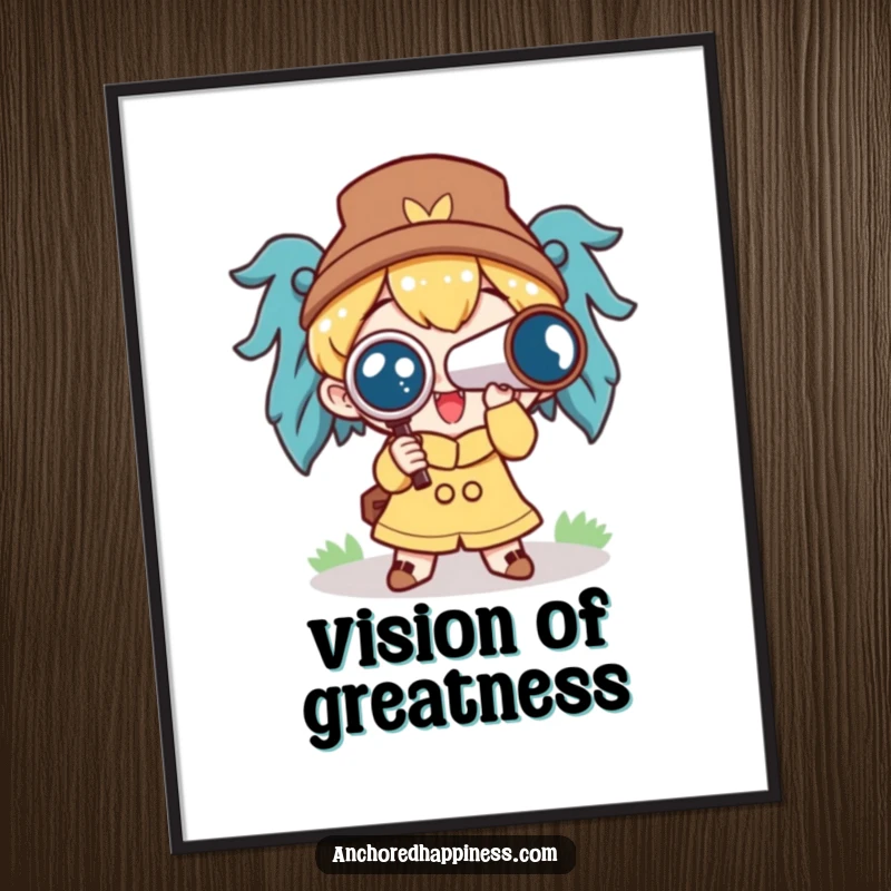 Funny poster featuring a cute character holding a spyglass, looking ahead with great excitement and a curious expression.