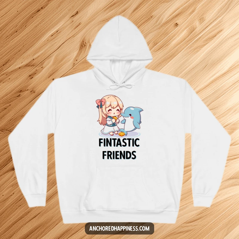 Funny hoodie with a cute character sharing a snack with a friendly dolphin, perfect for cozy, heartwarming wear.