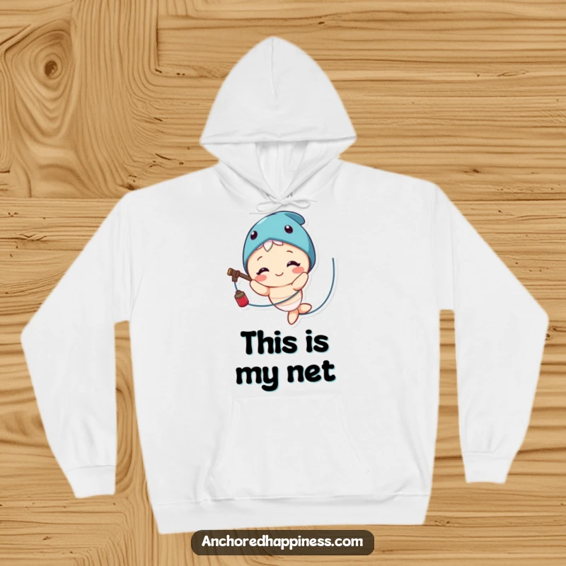 Funny hoodie featuring a cute character happily tangled in fishing line, perfect for cozy, humorous, and warm wear.