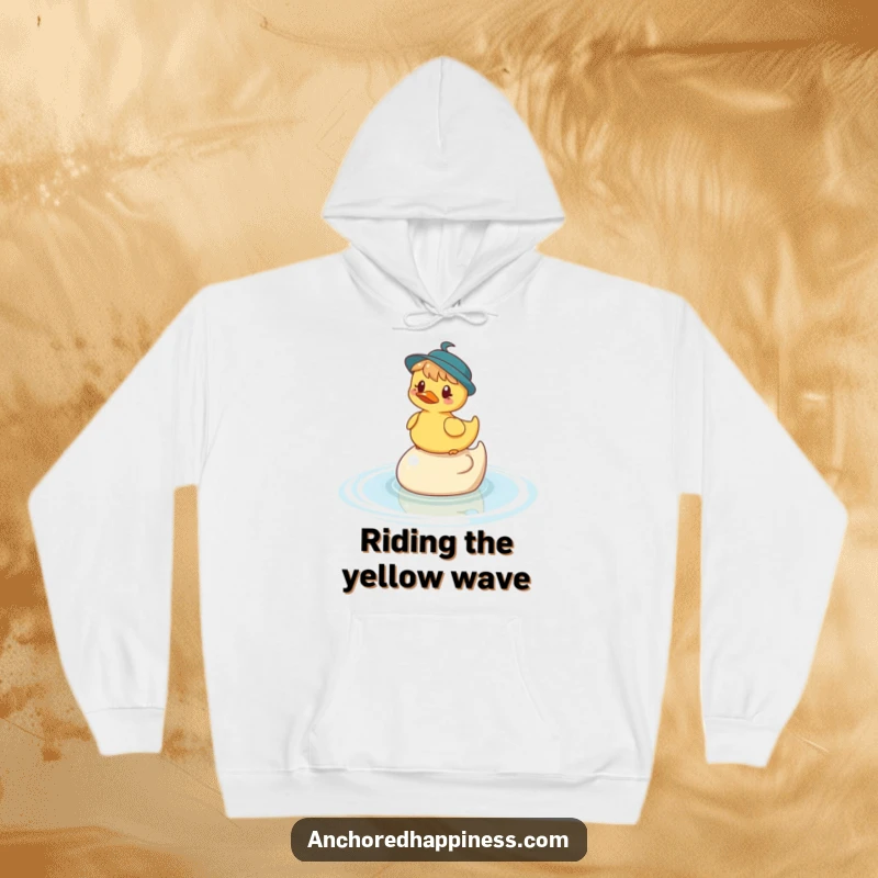 Funny hoodie featuring a whimsical character humorously balanced on a rubber ducky in the water, offering warmth and entertaining style.