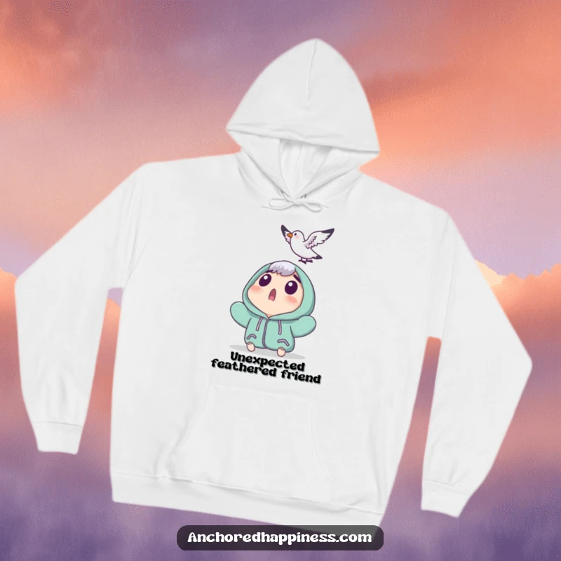 Funny hoodie depicting a surprised character gazing upwards at a tiny seagull landing, evoking a sense of unexpected humor and warmth.