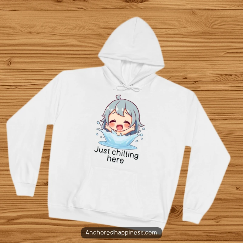 Funny splashing fun hoodie depicting a happy character joyfully splashing water, perfect for cozy, playful moments.