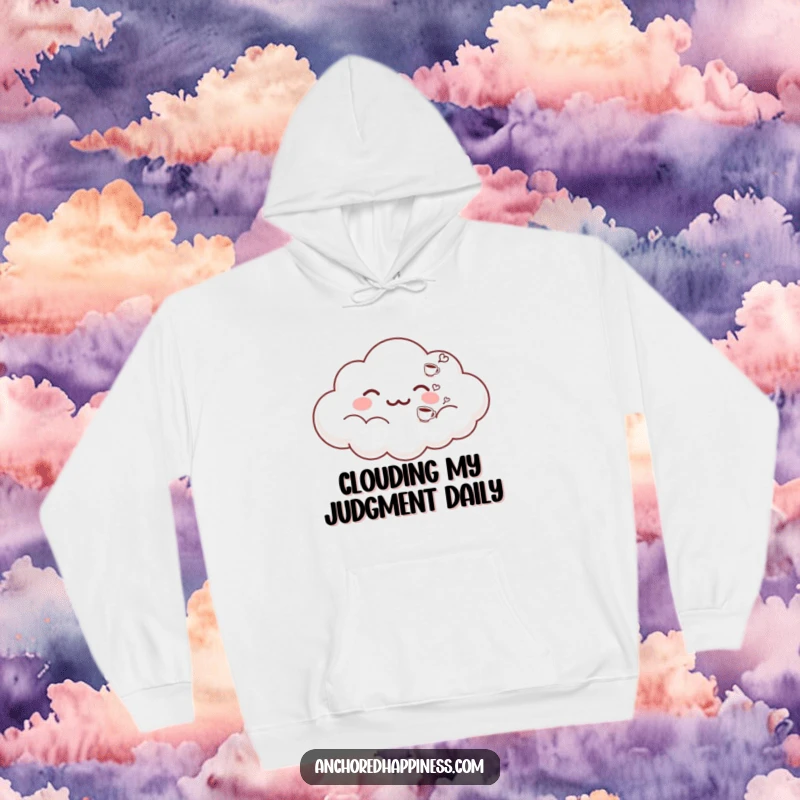 Funny hoodie featuring a content cloud exhaling tiny coffee cups. Ideal for cozying up and enjoying a warm, humorous beverage. Comfy and funny.