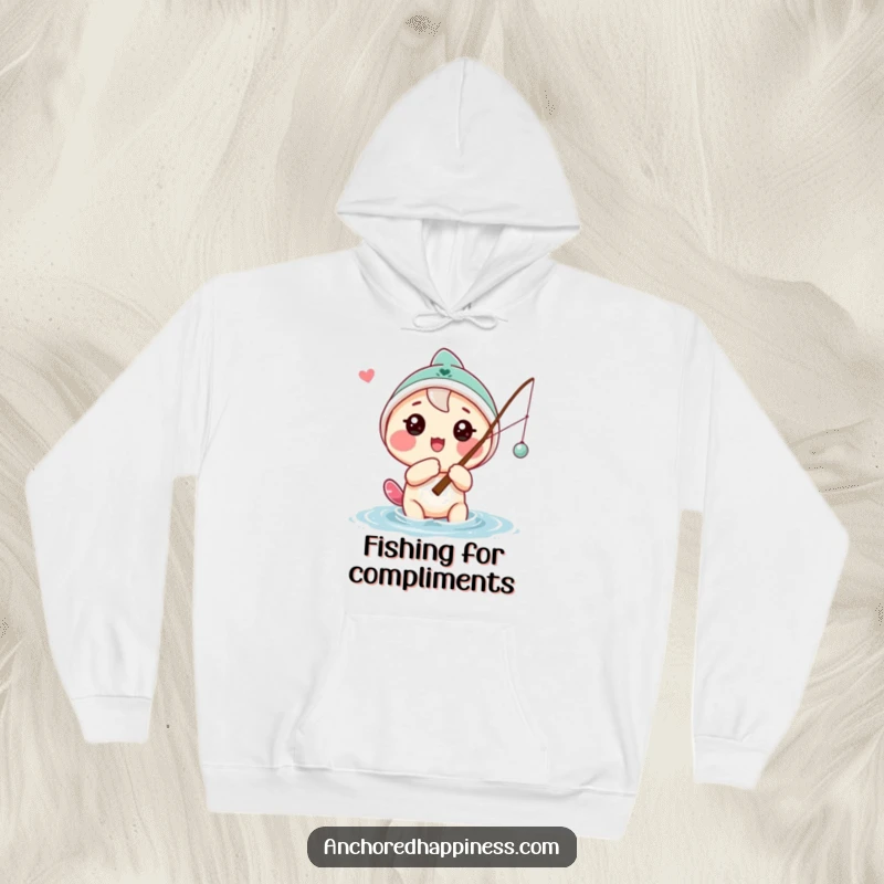 Funny hoodie featuring a playful character with a hopeful look casting a fishing line, perfect for cozy fishing trips and outdoor relaxation.