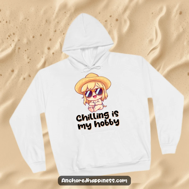 Funny hoodie illustration of a character wearing sunglasses and a straw hat, lounging with immense delight and peaceful vibes.