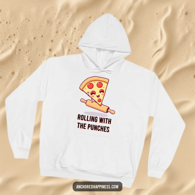 Funny hoodie with a winking pizza slice balancing on a rolling pin. Cozy and humorous food-themed apparel. Great design.