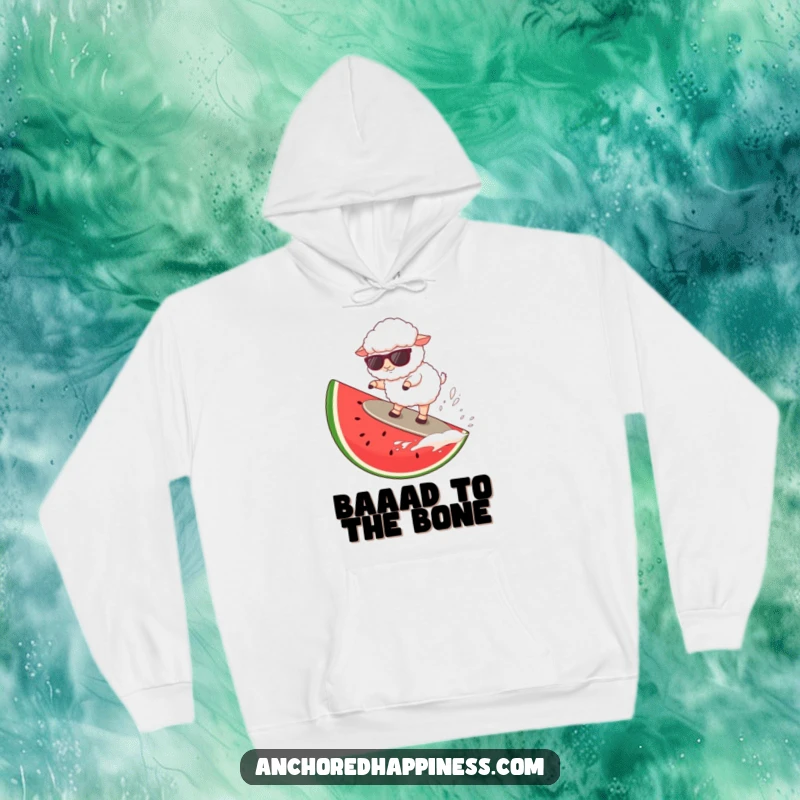 Funny sheep wearing sunglasses surfing a giant slice of watermelon, embodying a cool and adventurous summer spirit.