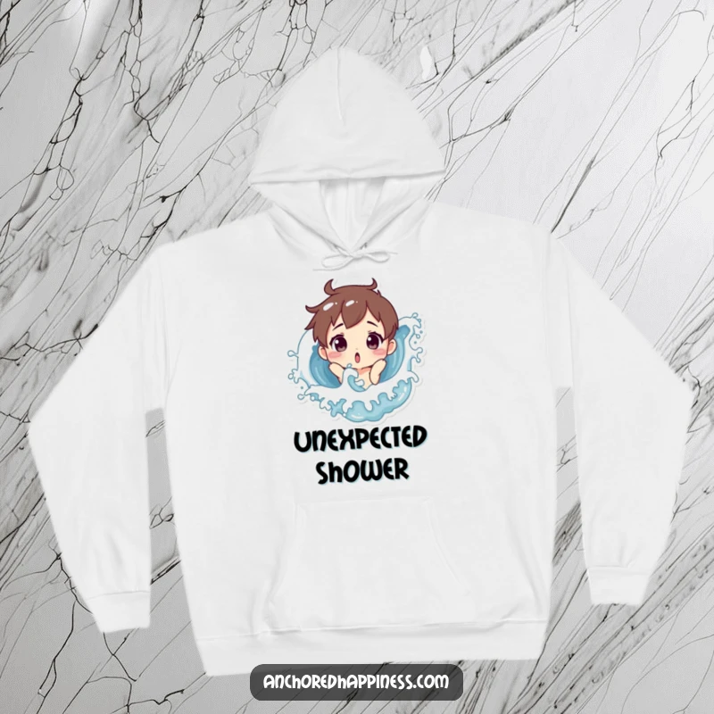 Funny hoodie with a character reacting with surprise to being playfully splashed by an ocean wave, designed for comfort and laughter.