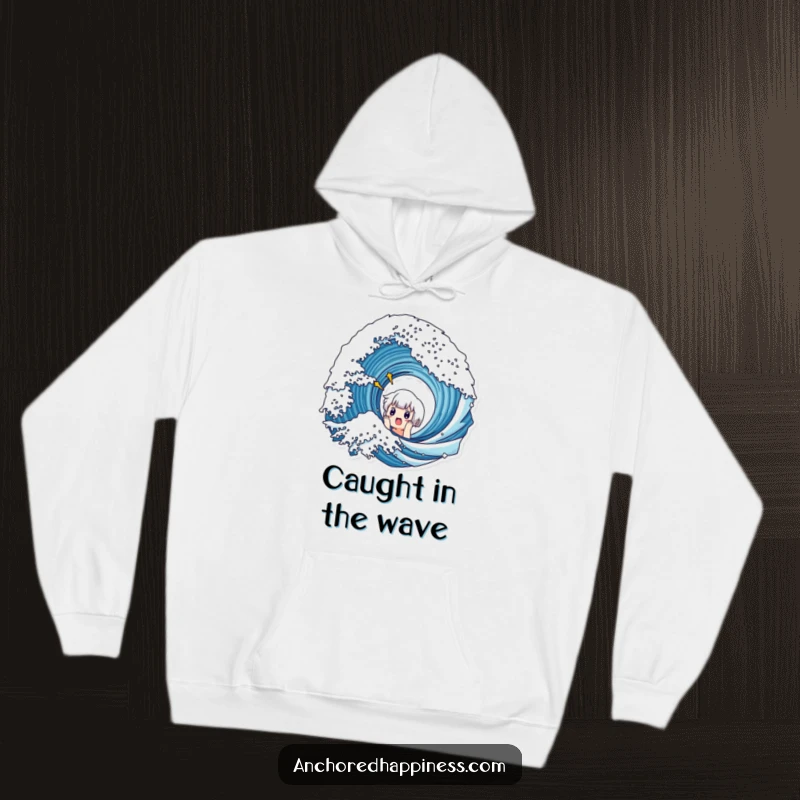 Funny hoodie depicting a cute character utterly surprised by a massive ocean wave, capturing a moment of shock.