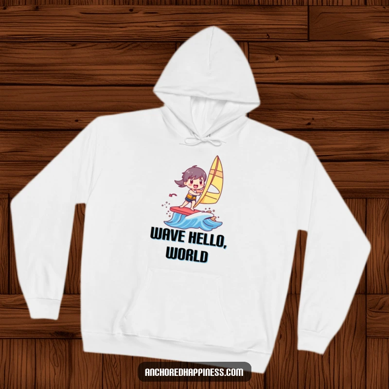 Funny hoodie featuring a character joyfully windsurfing on a small, vibrant, colorful wave, perfect for staying warm and cheerful.