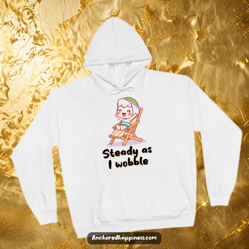 Funny Wobble Hoodie: Happy character attempts to balance on a wobbling deck chair, offering cozy comfort and a comical visual.