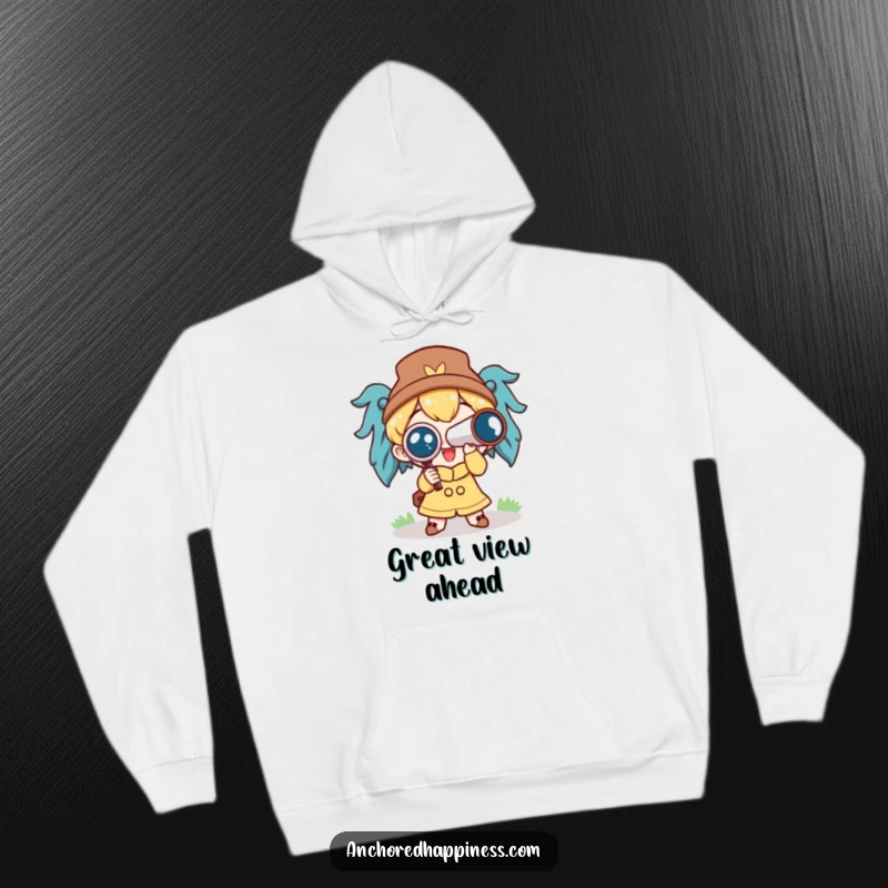 Funny hoodie with a cute character holding a spyglass, looking excitedly into the future, perfect for cozy exploration.
