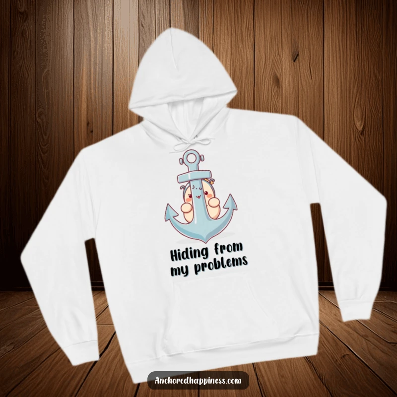 Funny hoodie print of a plump character peeking out from behind a giant anchor, looking cute.