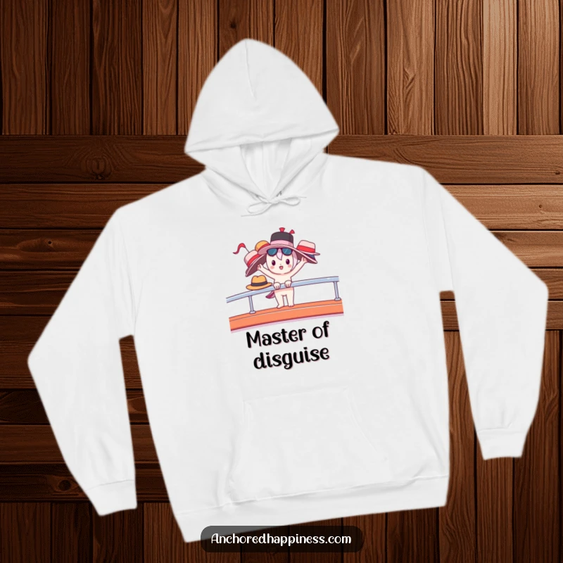 Funny hoodie of a cute character balancing a stack of hats on a yacht railing, radiating relaxed luxury.