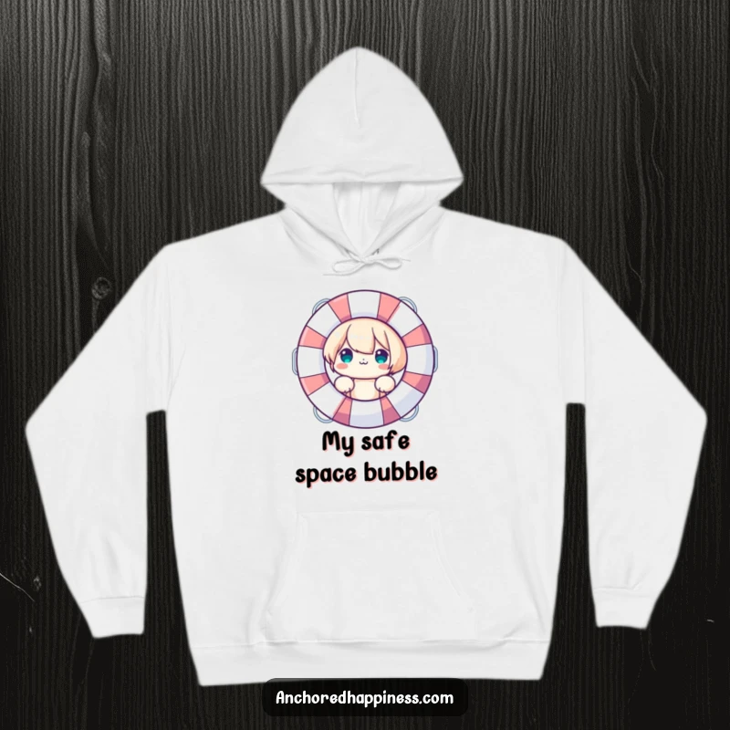 Funny Hoodie: Cute character peeking from behind a large life preserver, offering cozy comfort and playful safety, a great funny gift.