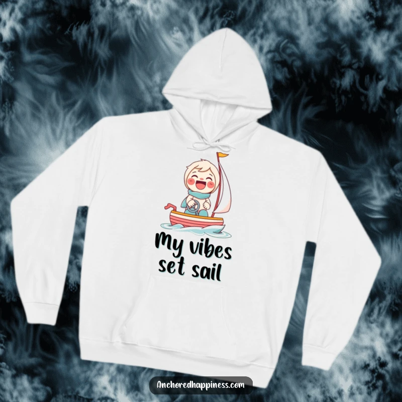 Funny hoodie featuring a beaming character giggling while steering a tiny toy sailboat, embodying cheerful journeys.