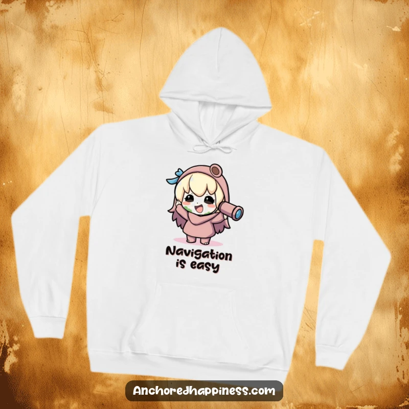 Funny kawaii explorer hoodie, character joyfully spots land with spyglass, cozy and warm, celebrating discovery with a smile, hilarious gift.