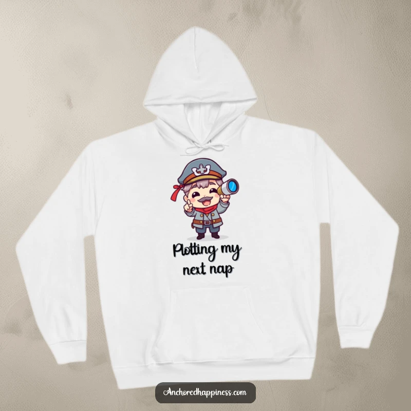 Funny hoodie featuring a character in captain attire, pointing with a spyglass, conveying playful authority and humor.