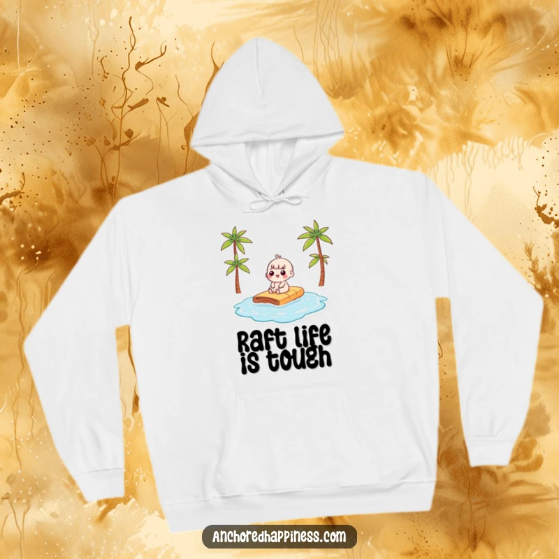 Funny kawaii character sunbathing on a raft graphic on a cozy hoodie, perfect for a humorous and warm gift.