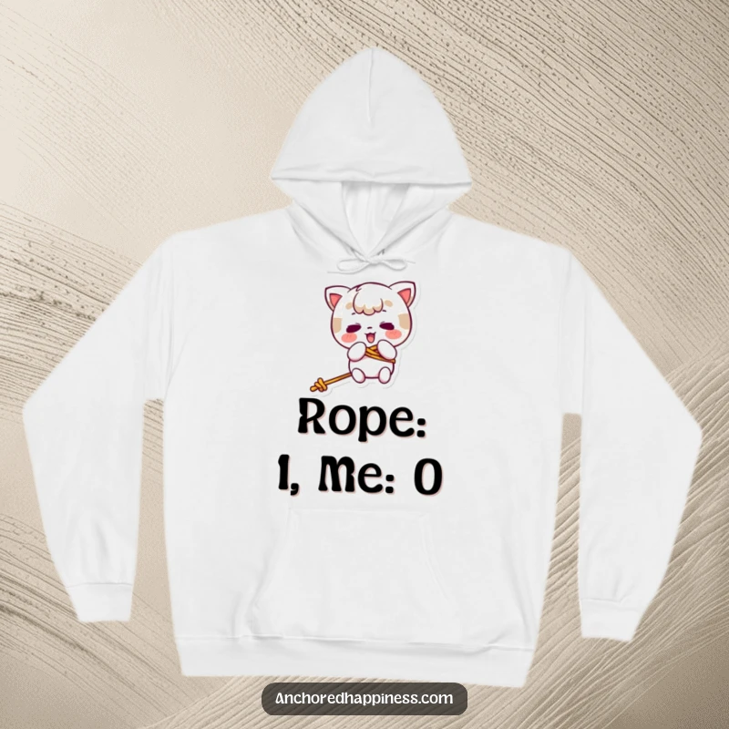 Funny kawaii character comically tangled in rope graphics on a cozy hoodie, a humorous gift for a clumsy person.