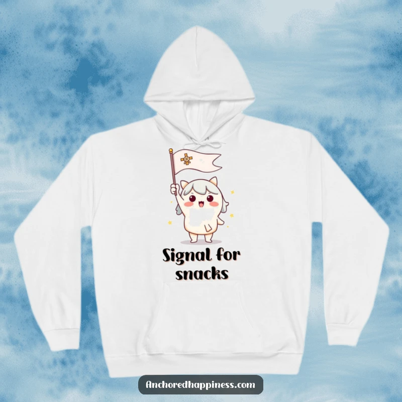 Funny hoodie with a cute character enthusiastically raising a signal flag, embodying energy and readiness.