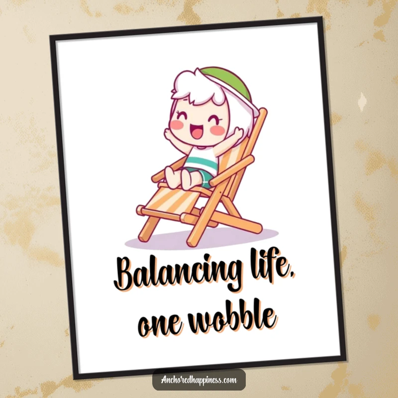 Funny Free Printable Wall Art: Happy character comically attempting to balance on a very wobbling deck chair, embodying playful instability. Quirky decor!