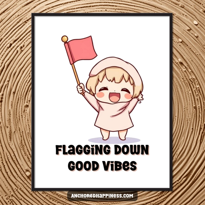 Funny Free Printable Wall Art: Small character excitedly brandishing a tiny, fluffy flag, embodying pure joy and cheerful celebration. Adorable art!