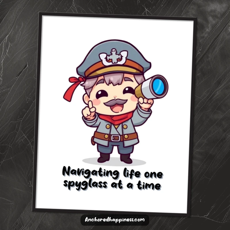 Funny Free Printable Wall Art: Captain Character in uniform, peering through a spyglass, adding a humorous, adventurous touch to your space.