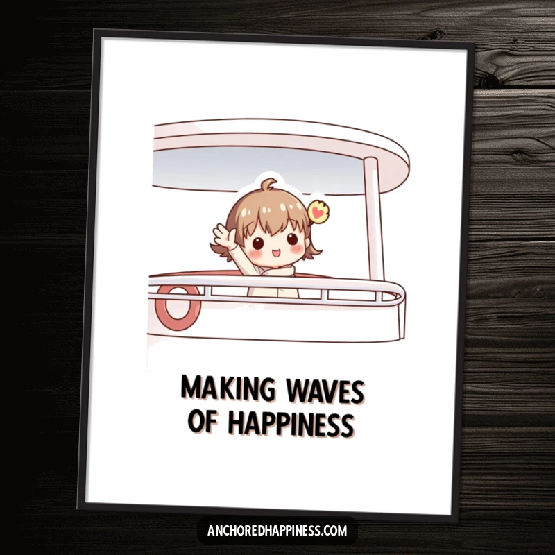 Funny free printable wall art of a charming figure waving enthusiastically from a boat deck, adding a touch of nautical cheer.