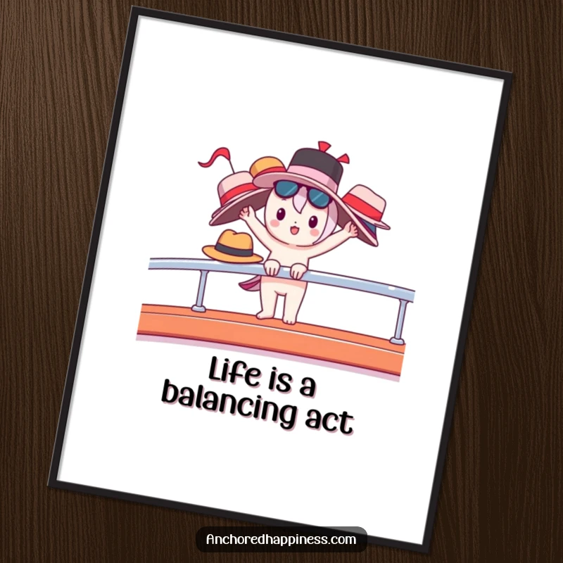 Funny Free Printable Wall Art: Cute character balancing many hats on a yacht railing, a humorous depiction of life's demands.