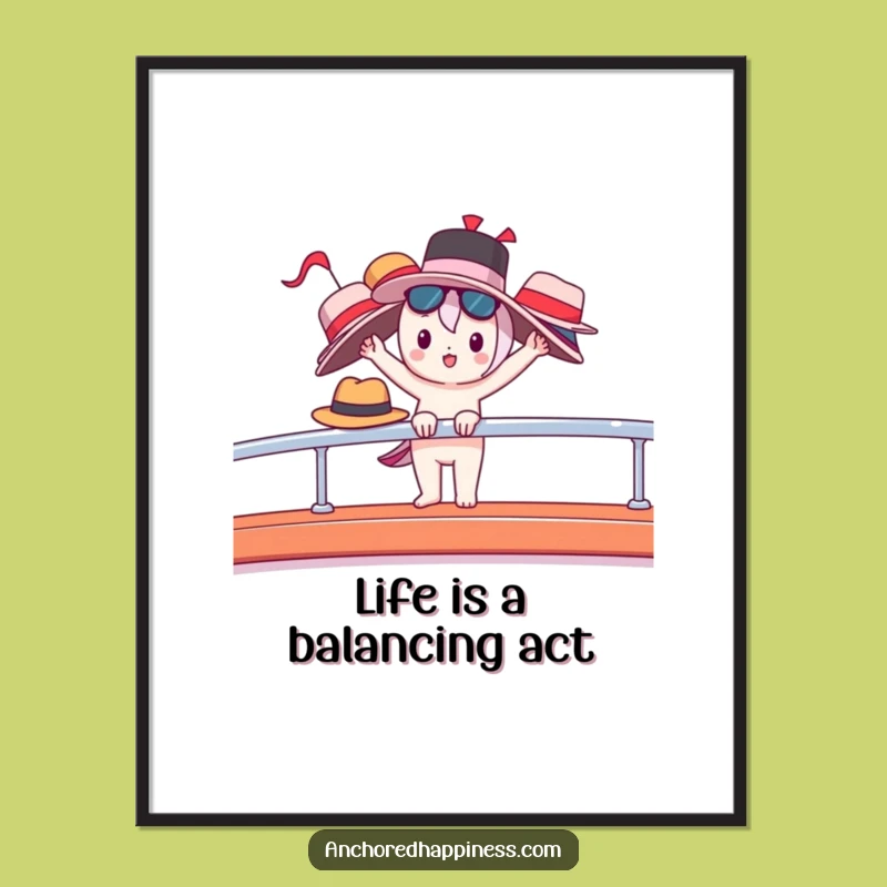 Free Printable Wall Art: Balancing Hats Kawaii Character - Funny Downloadable Decor