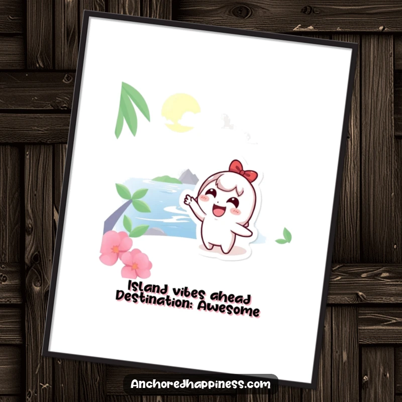 Funny Free Printable Wall Art: Cute character joyfully pointing at a distant, dreamy island, perfect for adventure lovers.