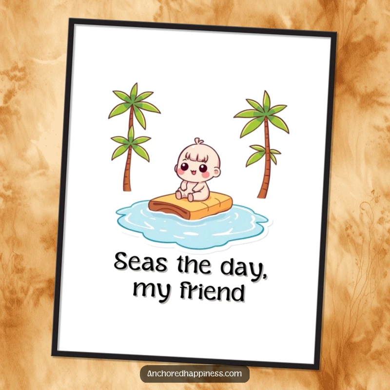 Funny Free Printable Wall Art: Kawaii character happily sunbathing on a tiny raft, bringing sunny vibes and humor to your decor.