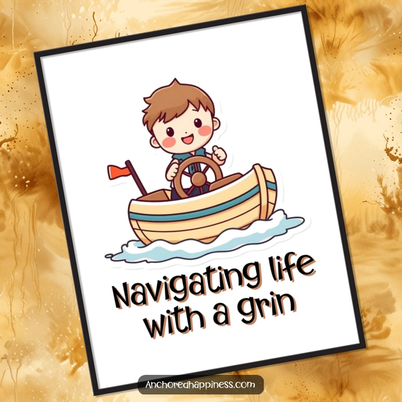 Funny free printable wall art featuring a cheerful figure comically steering a small whimsical boat, bringing nautical fun to your space.