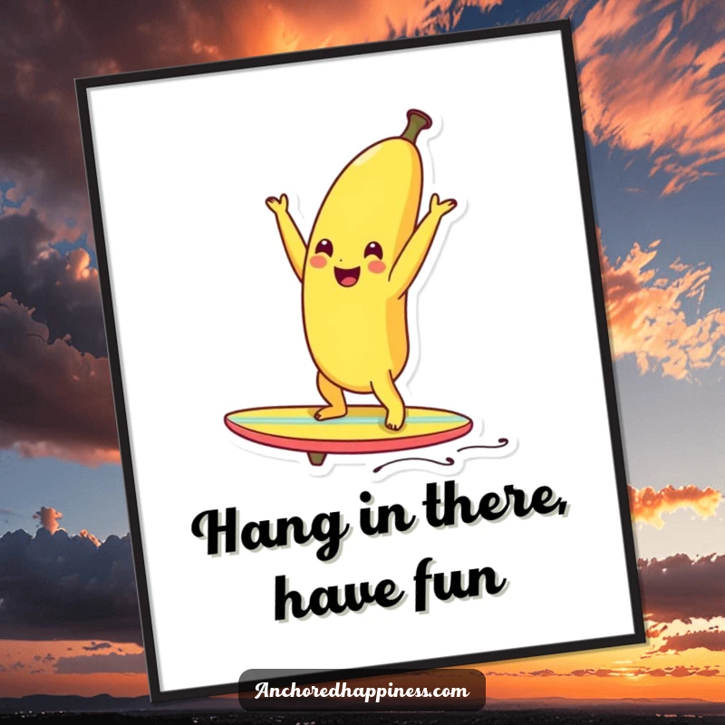 Funny Free Printable Wall Art: A smiling banana expertly doing a handstand on a tiny surfboard. Tropical and humorous. Downloadable.