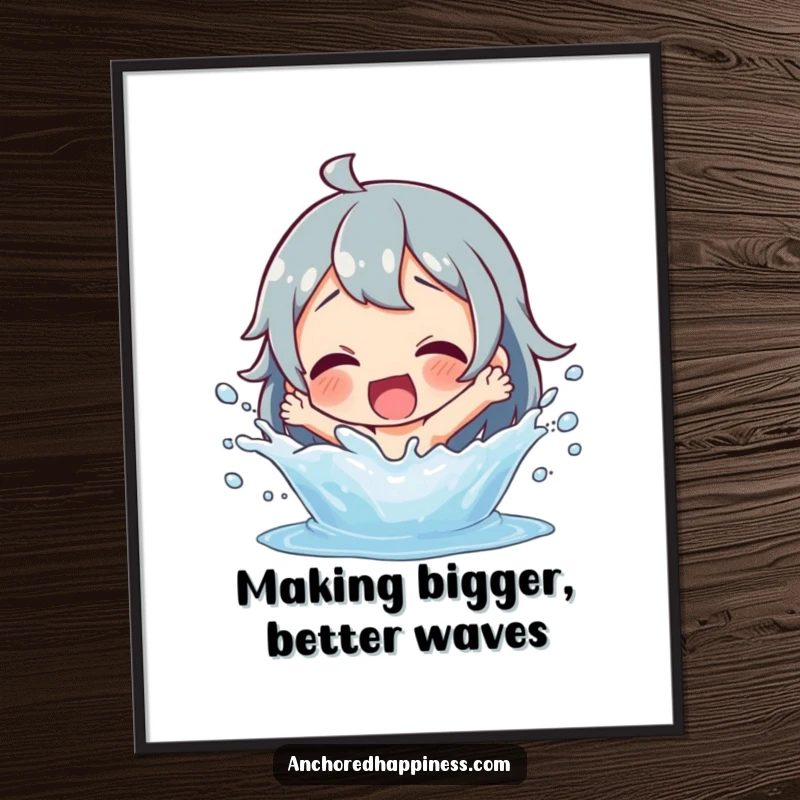 Funny Free Printable Wall Art: Character gleefully splashing water, delighted expression, playful decor, whimsical downloadable.