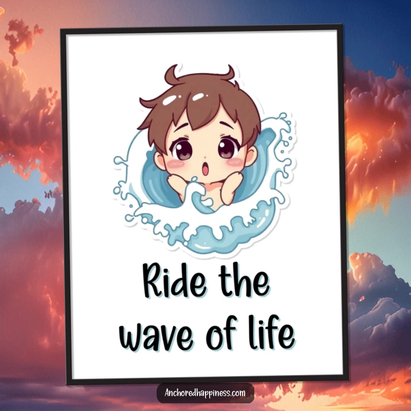 Funny Free Printable Wall Art: Character with a shocked face getting playfully splashed by a whimsical ocean wave.