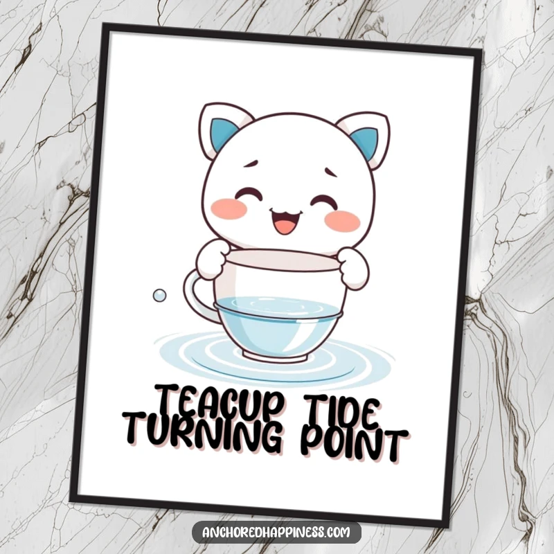 Funny Free Printable Wall Art: Grinning character attempting to bail water with a comically small teacup against a backdrop.