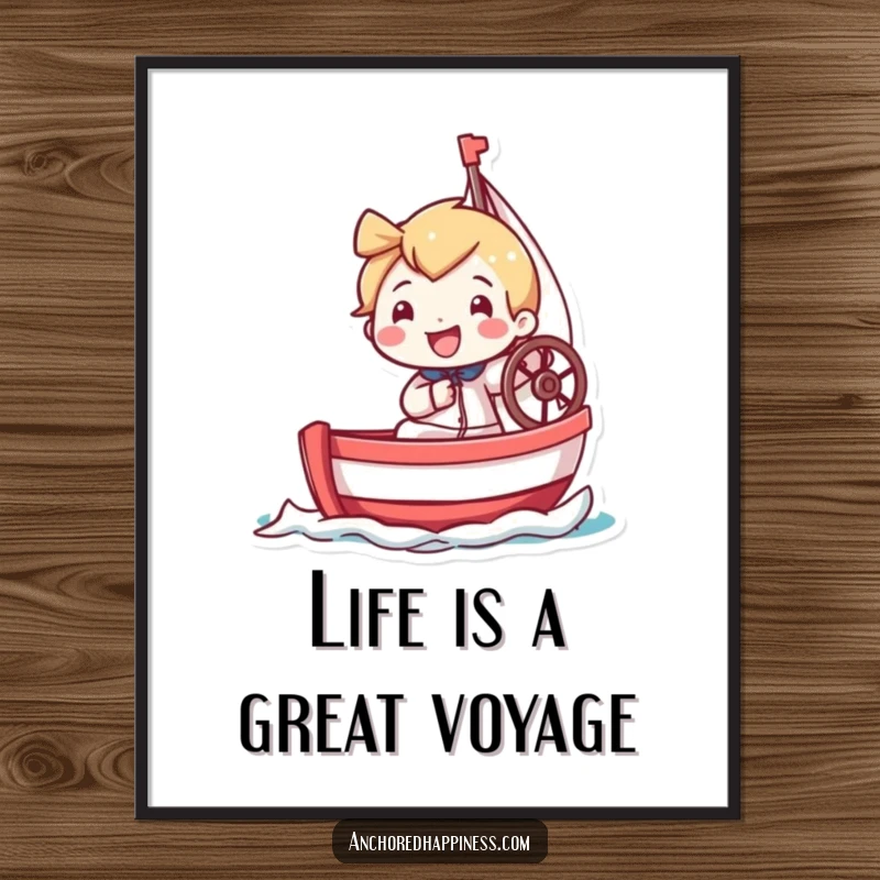 Funny Free Printable Wall Art: Tiny grinning sailor enthusiastically steers a miniature sailboat, embarking on a joyful voyage.