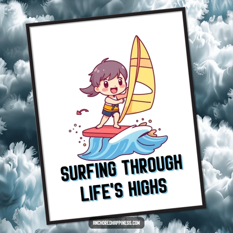 Funny Free Printable Wall Art: Character joyfully windsurfing with immense delight on a small, bright, colorful, crashing wave.