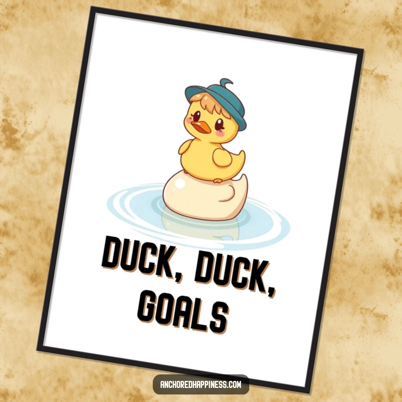 Funny Free Printable Wall Art: Whimsical character humorously balancing on a rubber ducky in water, downloadable art.