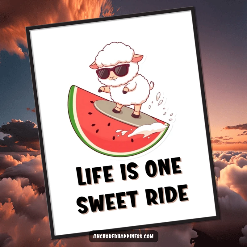Funny Free Printable Wall Art: Fluffy sheep in sunglasses surfing a giant watermelon slice on the ocean. Cool decor. Downloadable.