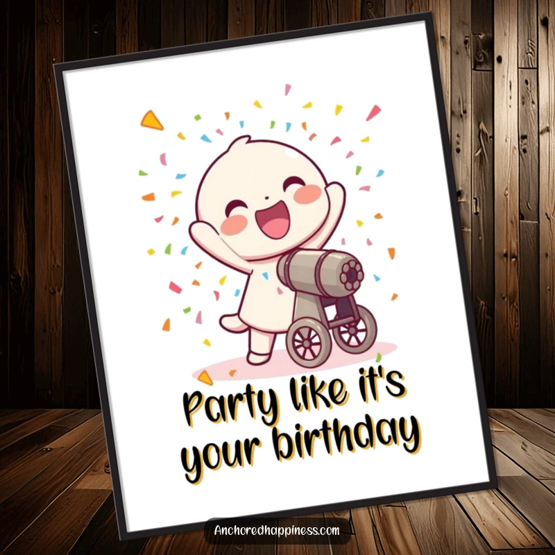 Funny Free Printable Wall Art: Joyful character blasts colorful confetti from a small cannon, festive decor.