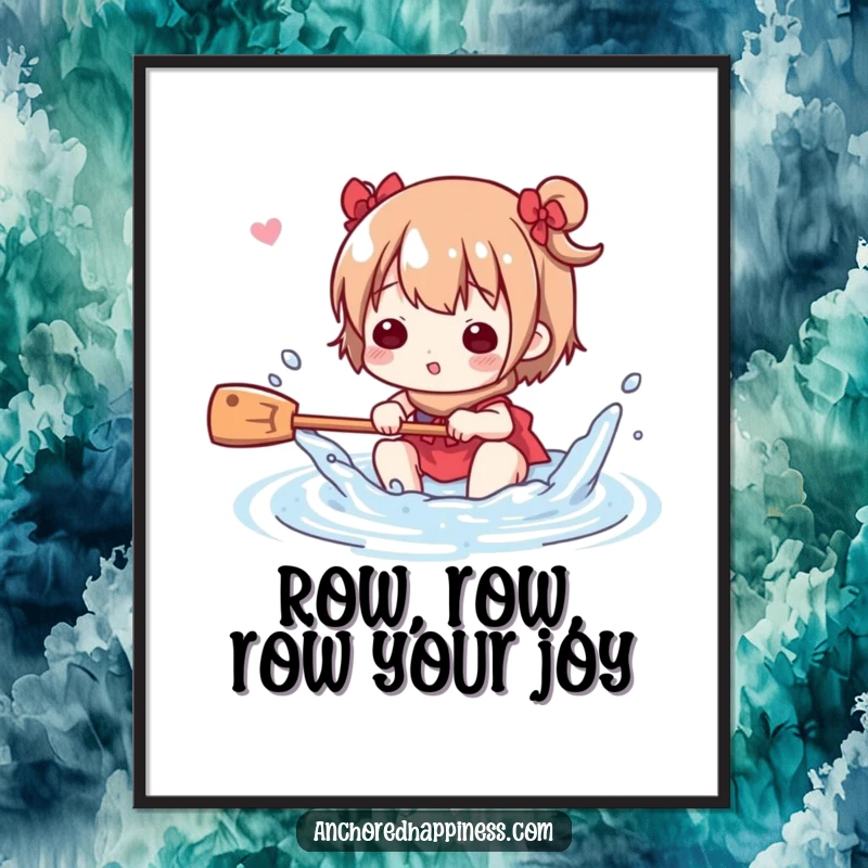 Funny Free Printable Wall Art: Cute character playfully splashing water with a small oar, evoking carefree fun.